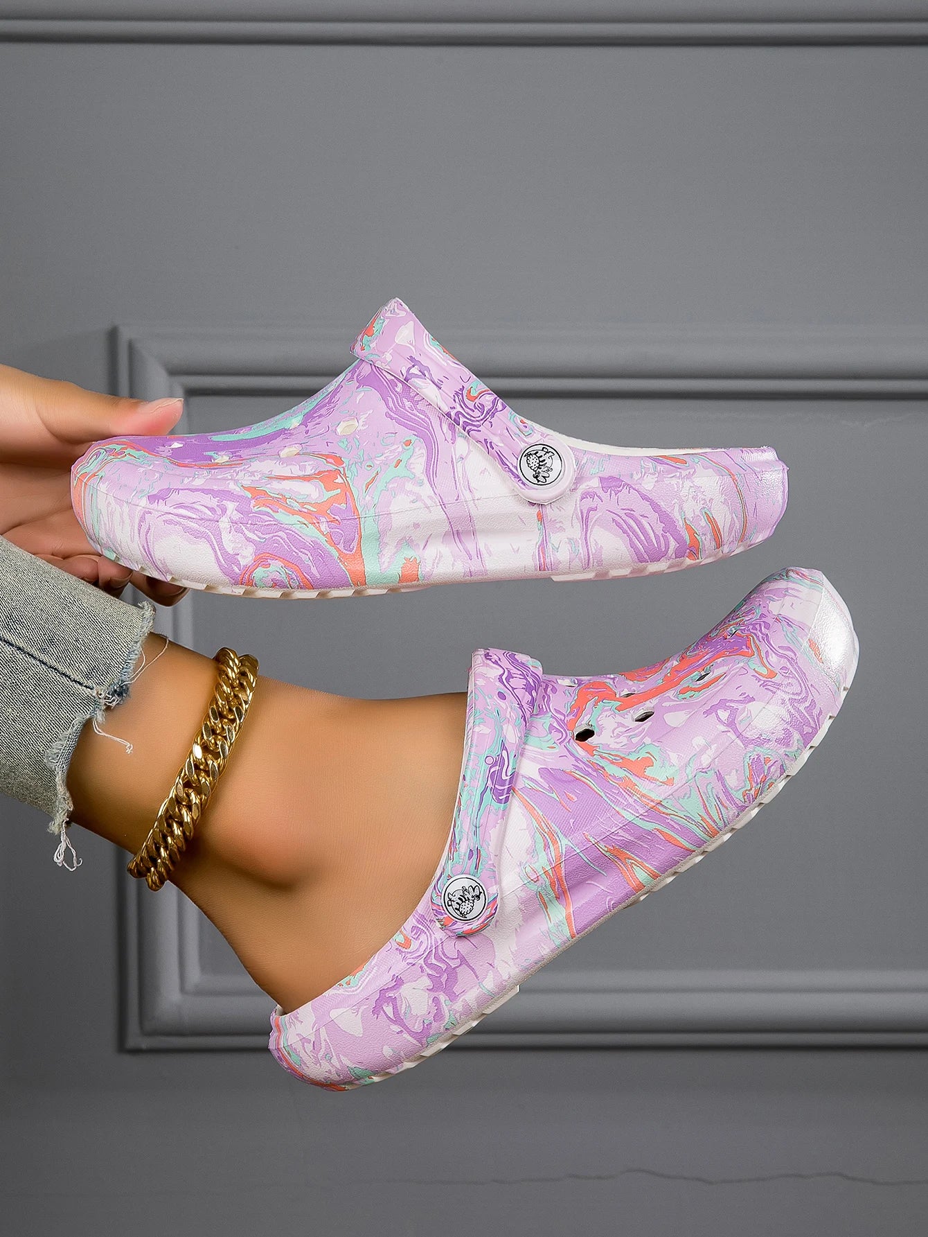 Garden Clogs Comfortable Women's Tie-dye Pattern Clogs, Slip On Lightweight Two-way Wear Clogs, Non-slip Summer Beach Slides 666