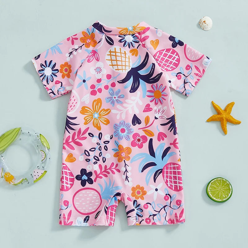 0-3Years Baby Boy Girl Rash Guard Swimsuits Fashion Print Short Sleeve Zip Up Rompers Bathing Suit Toddlers Swimwears Beachwear