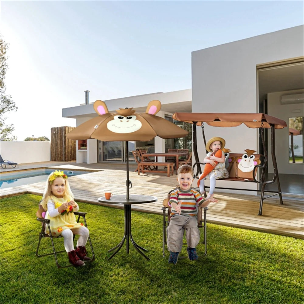 Cute Monkey Kids Patio Table Chair Set with Removable Cartoon Sun Umbrella, Foldable Portable Outdoor Toddler Furniture, 2 Folding Chairs Round Metal Table, Space Saving Kids Play Dining Set for Backyard Garden Lawn Picnic Be