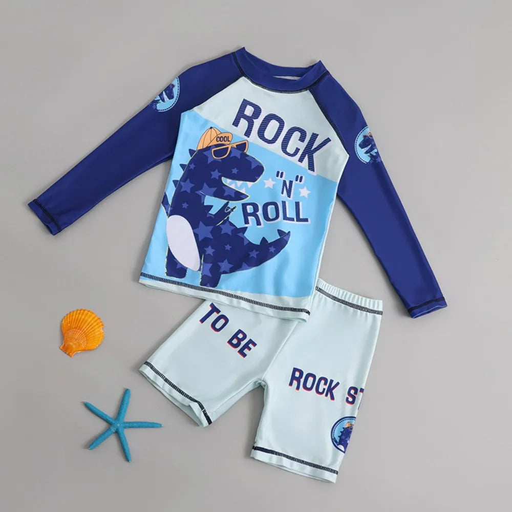 2Pcs Kids Long Sleeve Swimwear Set Boys Girls Cartoon Rash Guard Swimsuit Sun Protection Beachwear for Children Toddlers