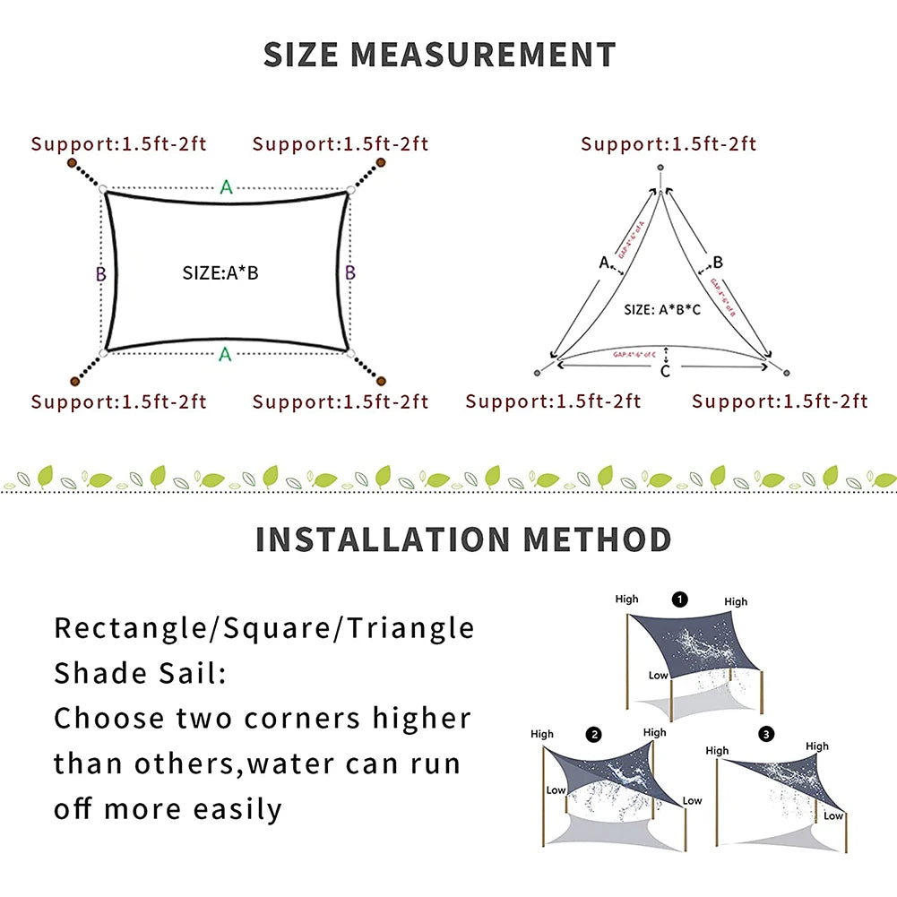 420D Waterproof Square Rectangular Shade sail, Outdoor Garden Swimming Pool Awning, Camping Hiking Sun shelter