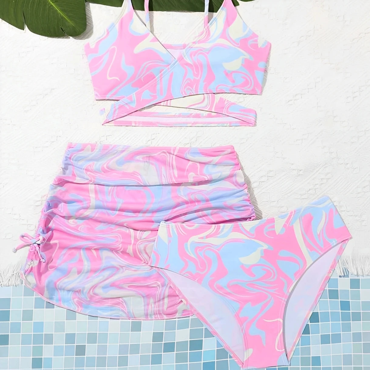 3 Pieces Tie Dye Print Bikini 2026 Girls Swimsuit with Skirt Kids Swimwear Female Bathers Bathing Swimming Swim Suit Beachwear
