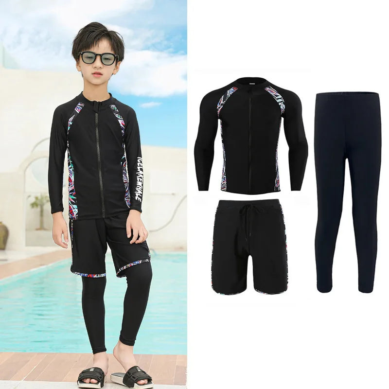 Boys'  Girls Rash Guard Set - 3 Piece Sun UV Protective  Long Sleeve Swim Shirt+Trunks+Leggings Bathing Suit Swimwear