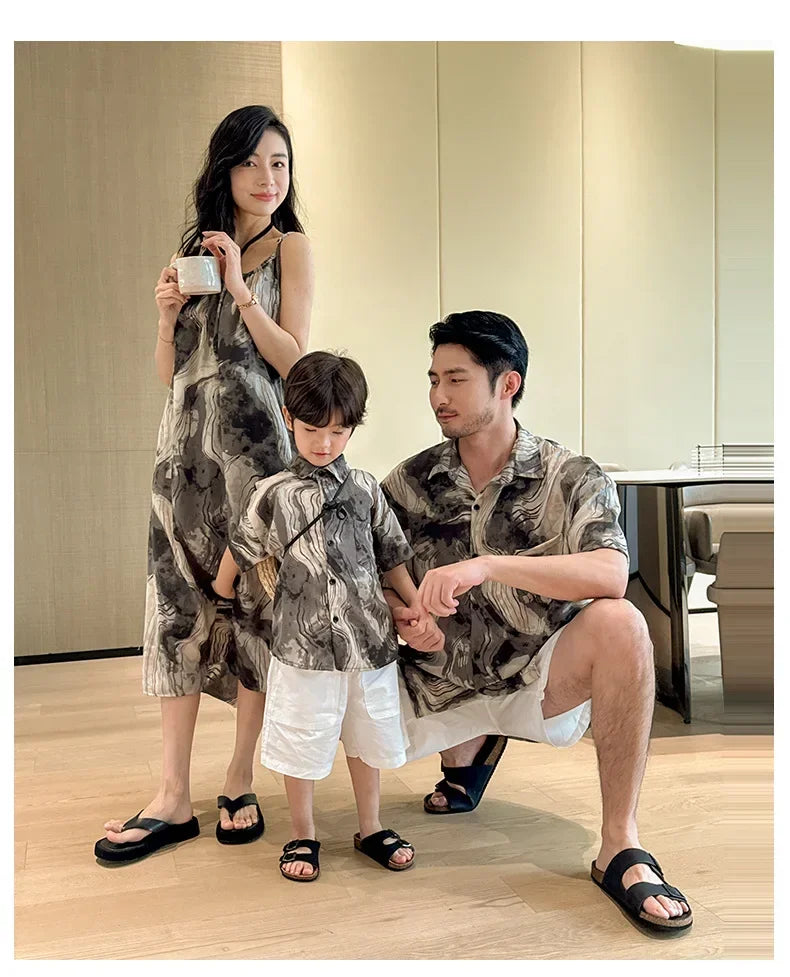 2025 Vacation Look Family Clothes Couple Beach Wear Brother Sister Dad Son Print Shirts Mom Daughter Matching Sleeveless Dress