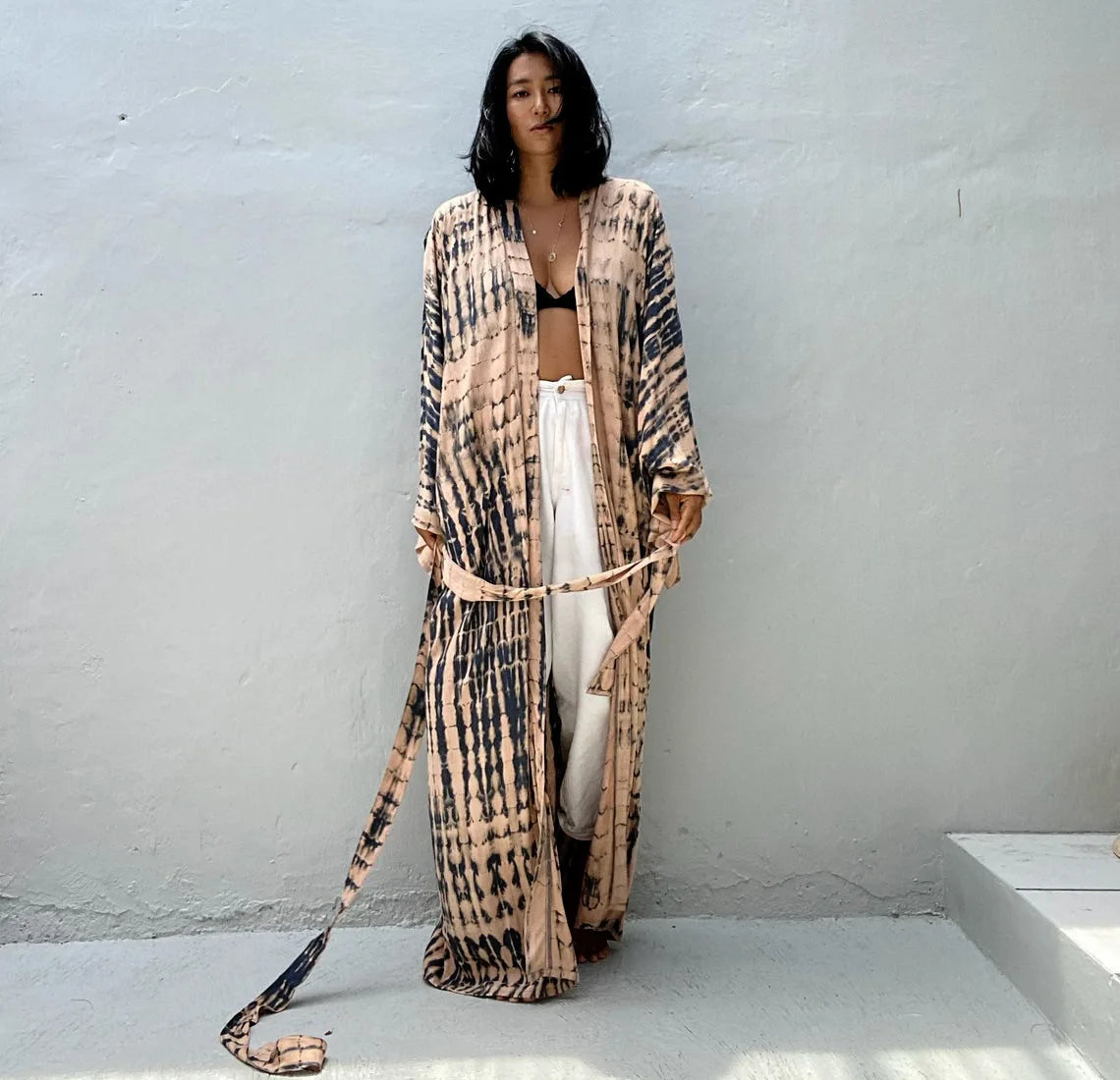 Women's Boho Stripe Tie Dye Swimsuit Cover Up with Belt Tunic Sarong Cardigan Dress Bikini Cover-ups Beach Wear Kimono