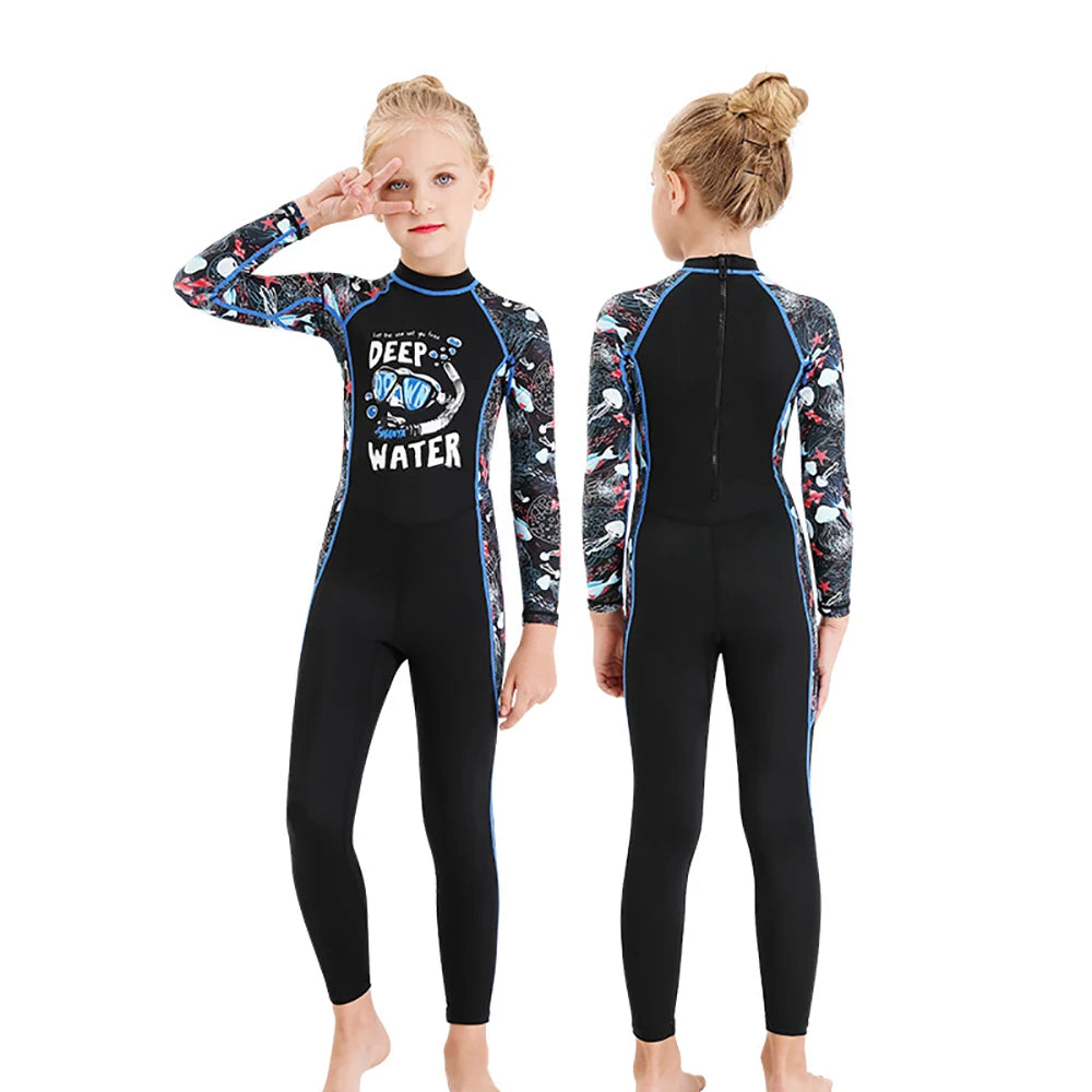 Girl Boy Swimwear Zipper One Piece Suit Kids Sunscreen Quick Drying Long Swimsuit Beachwear Bathing Suit(Including Swimming Cap)
