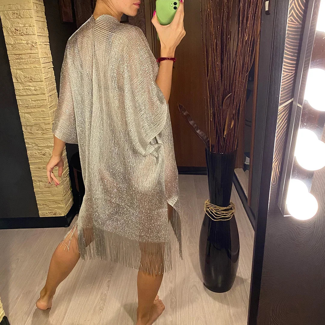 Sexy Fringe Tassel Sheer Knitted Beach Cover Up Dress Shiny Mesh Tunic for Women Swimwear Mesh Cover Lightweight Beach Dress