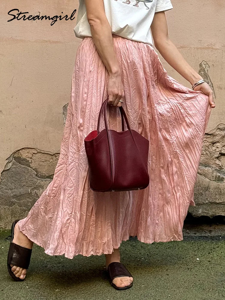 Streamgirl Women Summer Skirts Long Pleated A Line Elegant Solid Big Swing Maxi Skirt Ladies Blue White Beach Skirt Women Luxury