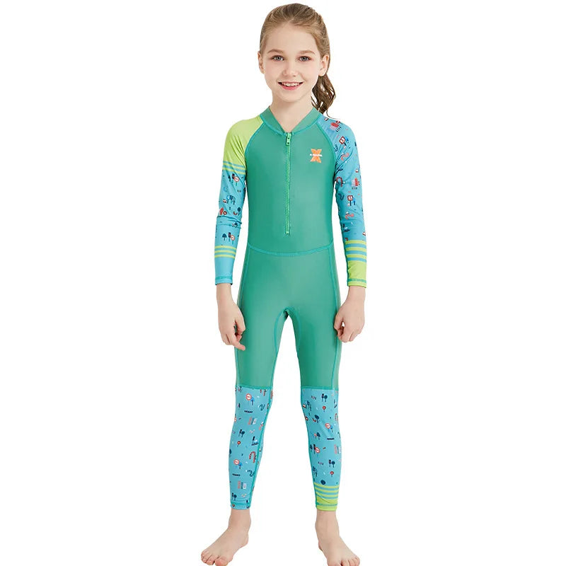 Girl Boy Swimwear Zipper One Piece Suit Kids Sunscreen Quick Drying Long Swimsuit Beachwear Bathing Suit(Including Swimming Cap)