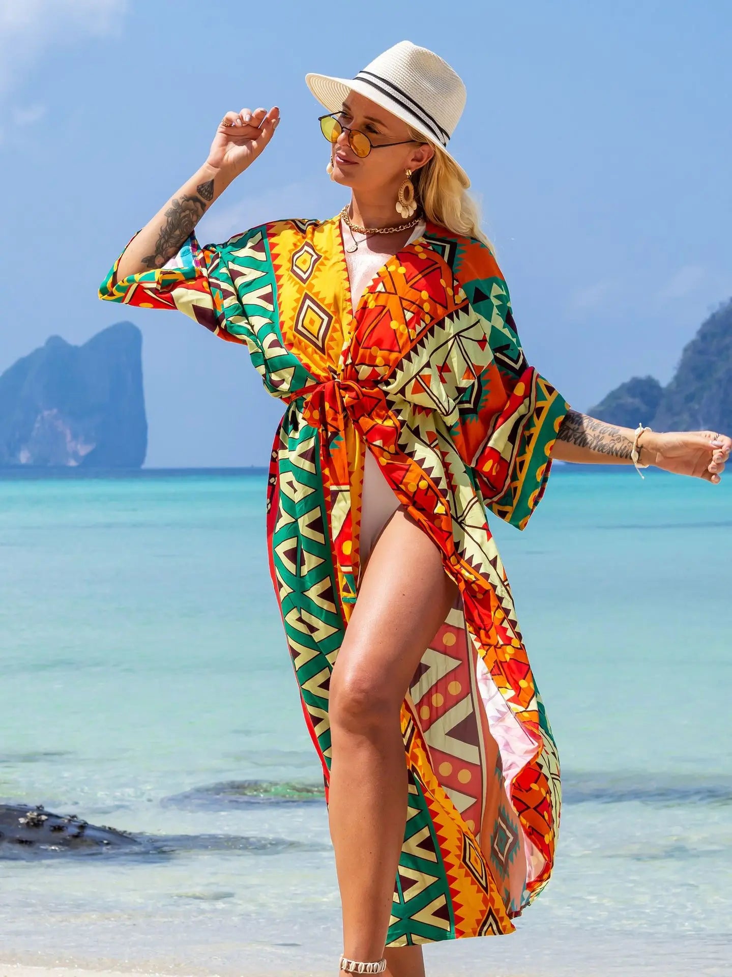 Swimsuit Cover Up Printed Kimono for Sea Boho Coverup Long Luxury Beach Outings Belted Swimwear Cape Holiday Bathing Suits Sales