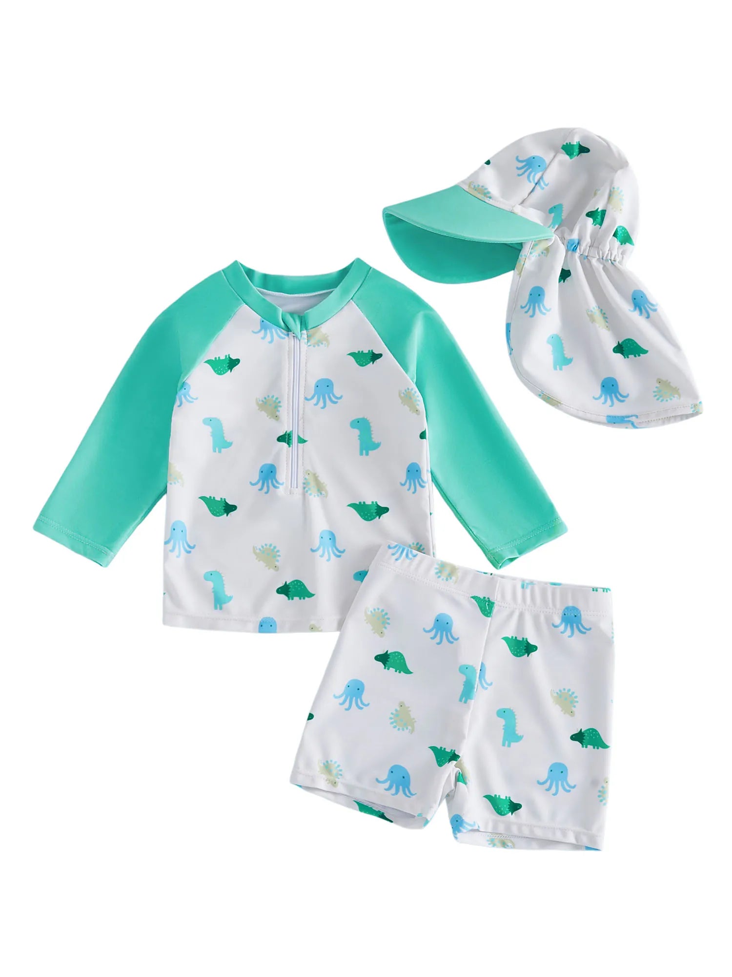 3Pcs Toddler Boy Swimsuit Set Long Sleeve Crew Neck Marine Animal Print Tops Swim Trunks and Hat Rash Guard Bathing Suit