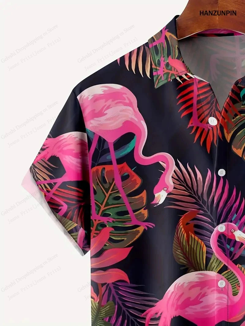 Summer Men's Vocation Lapel Camisa Oversized Hawaiian Shirts Flamingo 3d Print Fashion Men Women Beach Short Sleeve Blouse Boy
