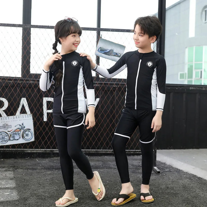 Boys Girls Swimsuit Long Sleeve Sun Protection Swimming Bathing Surfing Wetsuit Beach Wear Teenager Rash Guard