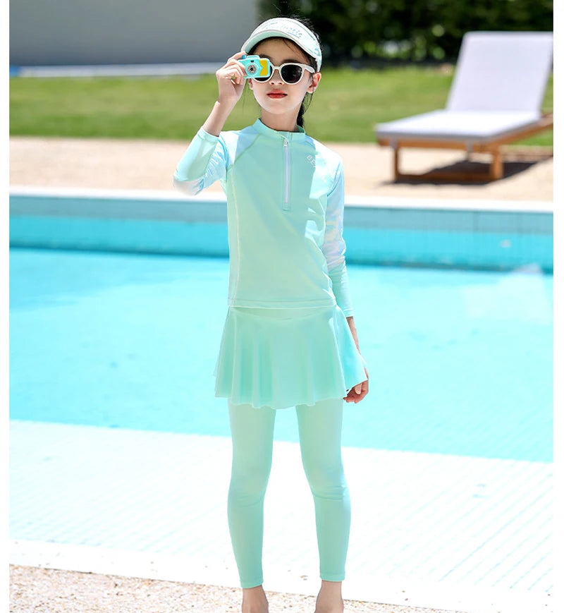 Two Piece Long Sleeve Girls Swimwear With Skirt Burkini Swimsuit Kids Children Modest Swimming Suit Sun Protection Beachwear