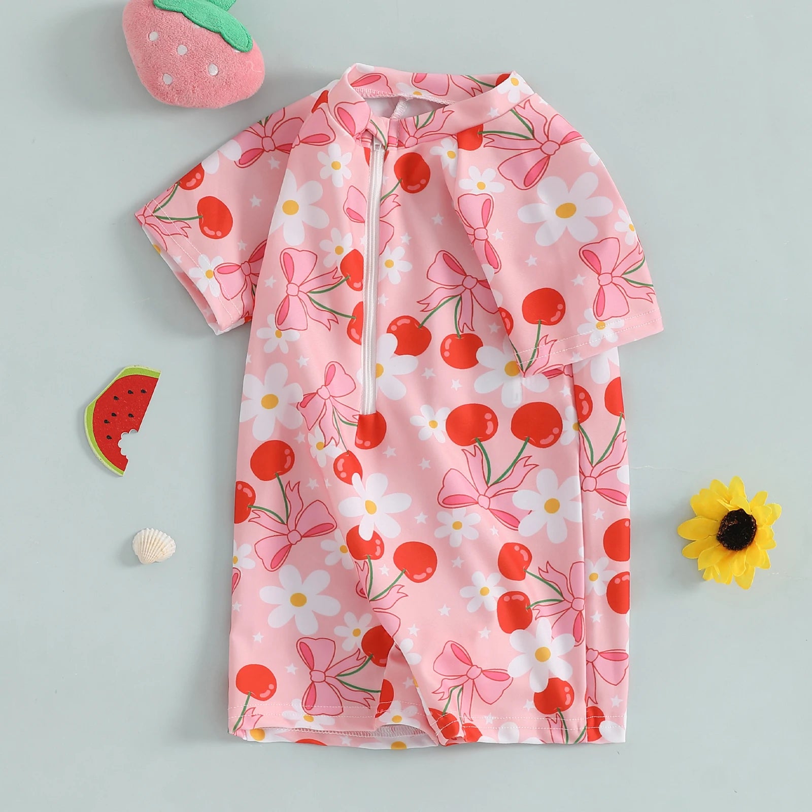 Summer Toddler Baby Girl Short Sleeve Swimwear Bathing Suit Infant Rash Guard Swimsuit Kids Cherry/Bow Print Zipper Beachwear