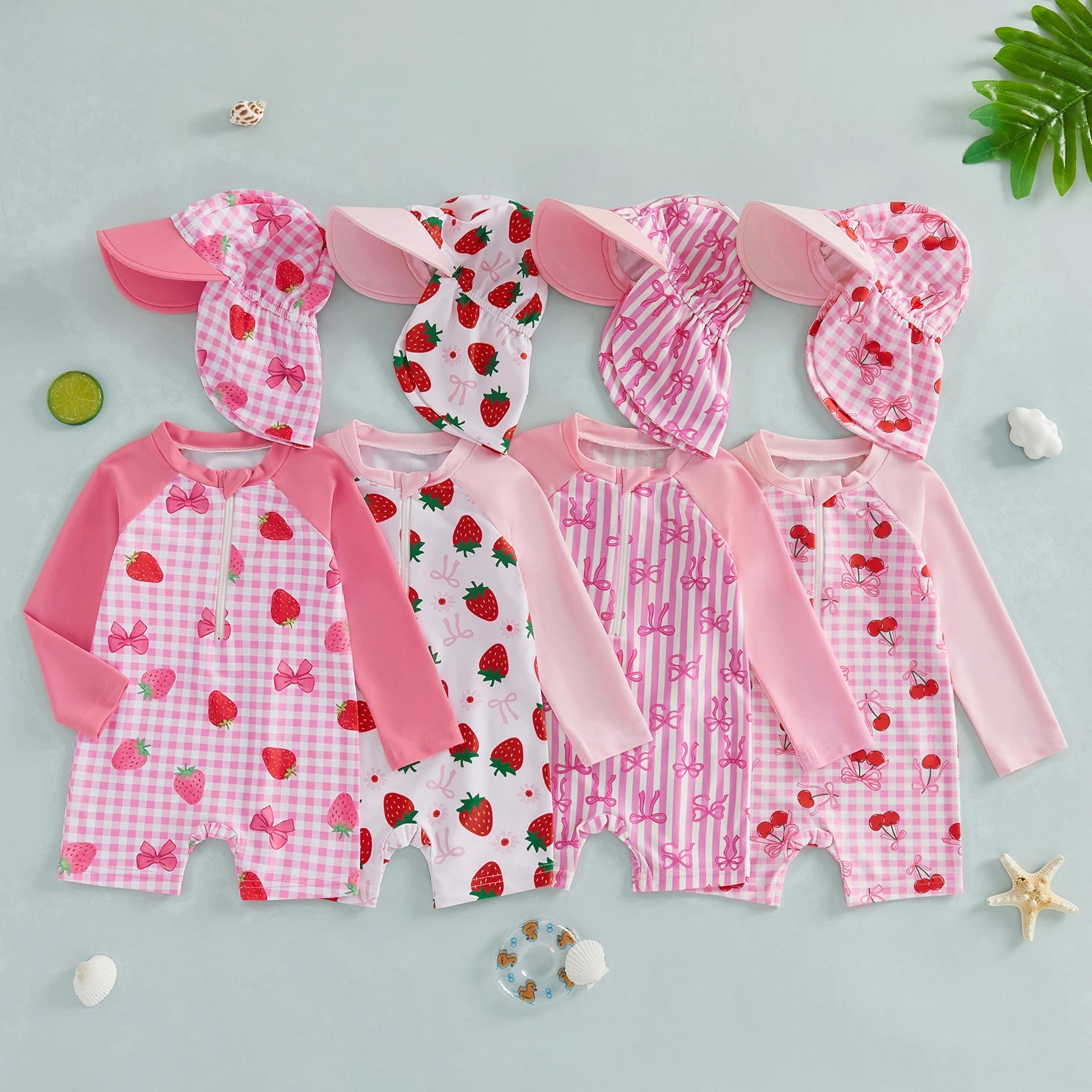 3M-3T Toddler Girl Rash Guard Swimsuit Strawberry/Bow/Cherry Print Long Sleeves Front Zipper Bathing Suit with Hat