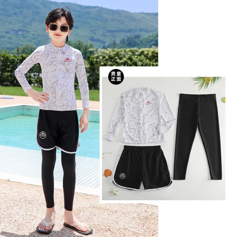Girls Swimsuit Girls Long Sleeve Rash Guard 3-Pieces Bathing Suit 100cm-160cm Height Athletic Sweatsuit Activewear Tracksuit