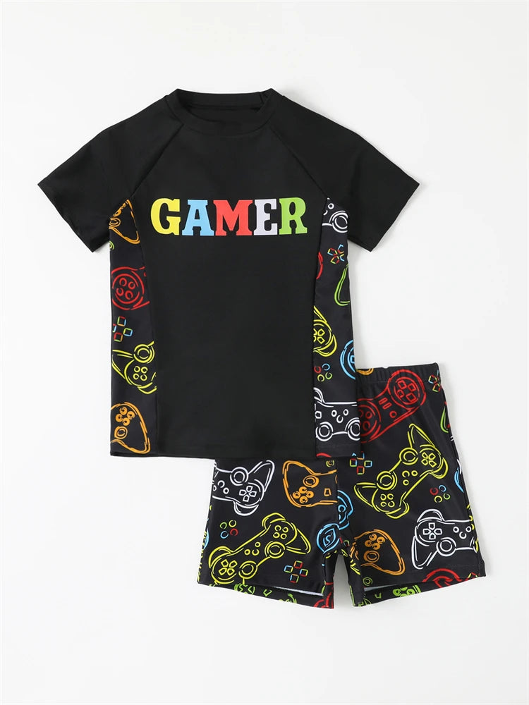 Boy Swimsuit 2026 New Graffiti Print Short Sleeve Children Swimwear Summer Two Piece Kids Beach Wear Swimming Bathing Suit Boys