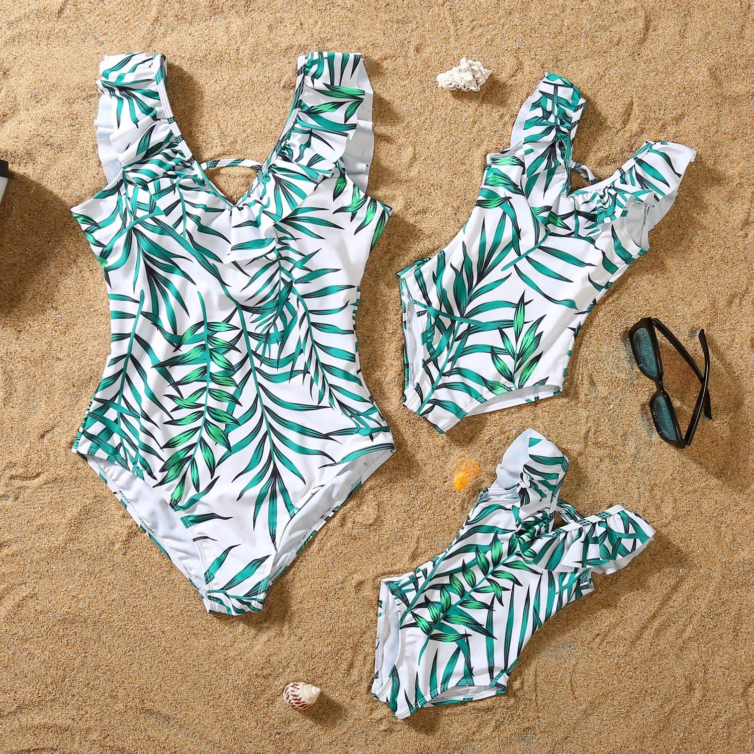 New Family Matching Outfits Leaf Printed Matching Swimsuit Family Look Floral Full Print Multi-color One-piece Matching Swimwear