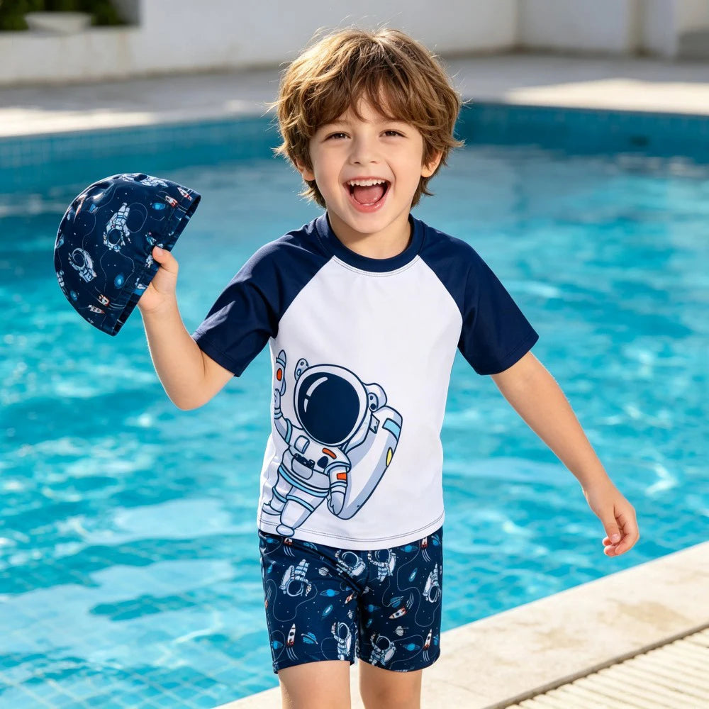 Kids Shark Print Swimwear Set 3Pcs Boys Short Sleeve Rash Guard Swimsuit + Trunks + Hat Children Beachwear Boys Bathing Suit