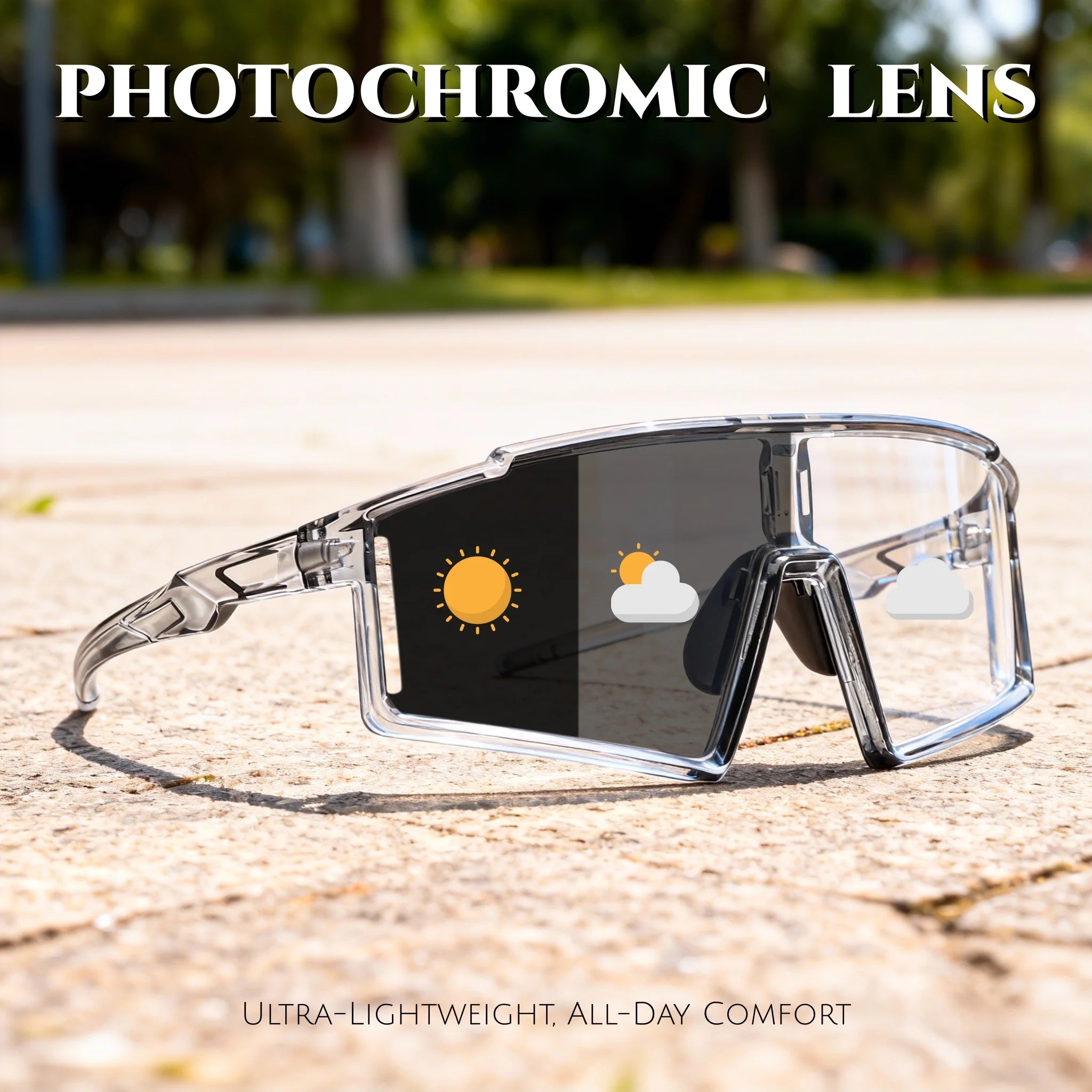 Photochromic One-Piece Sports Sunglasses - Oversized Wraparound Frame, UV400 Comfort Fit for Cycling, Fishing & Travel