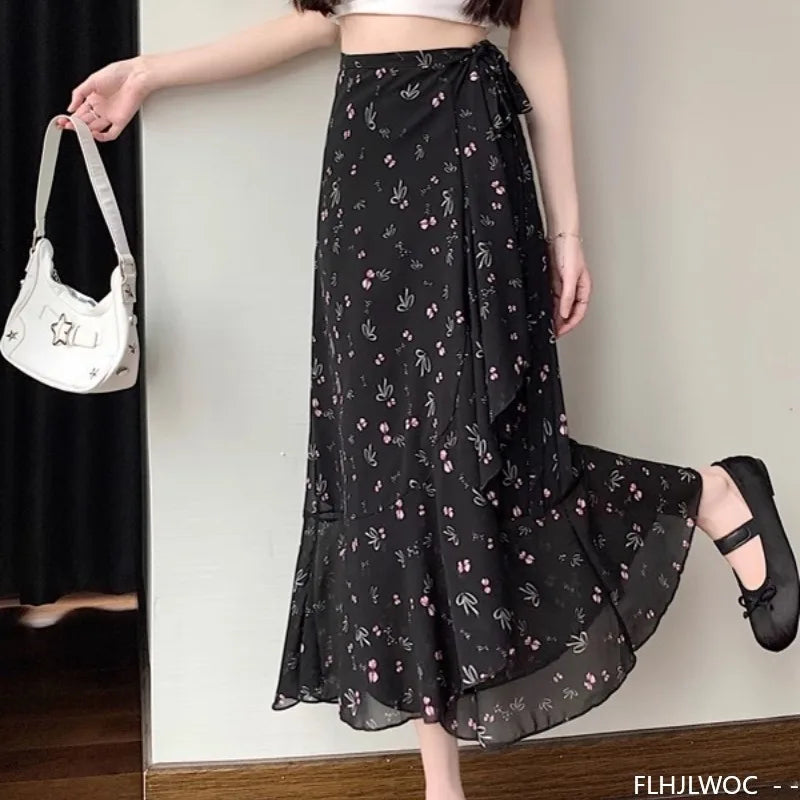 Wrap Up Chic Korea Clothes Women Cute Girls Floral Robe Holiday Beach Date High Waist Retro Vintage One-Piece Lace-Up Skirts