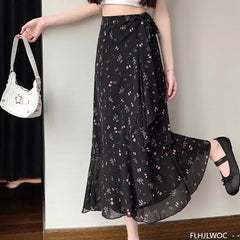 Wrap Up Chic Korea Clothes Women Cute Girls Floral Robe Holiday Beach Date High Waist Retro Vintage One-Piece Lace-Up Skirts