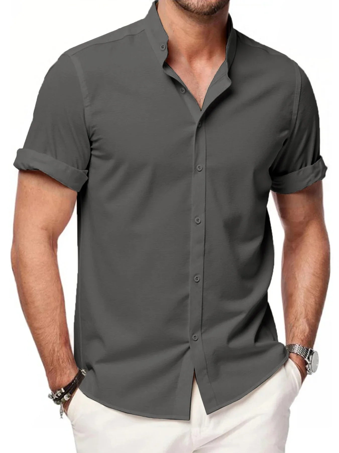 Summer Men's Short Sleeve Shirts Solid Color Stand Up Collar T Shirts Loose Casual Beach Shirt Breathable Male Linen Tops