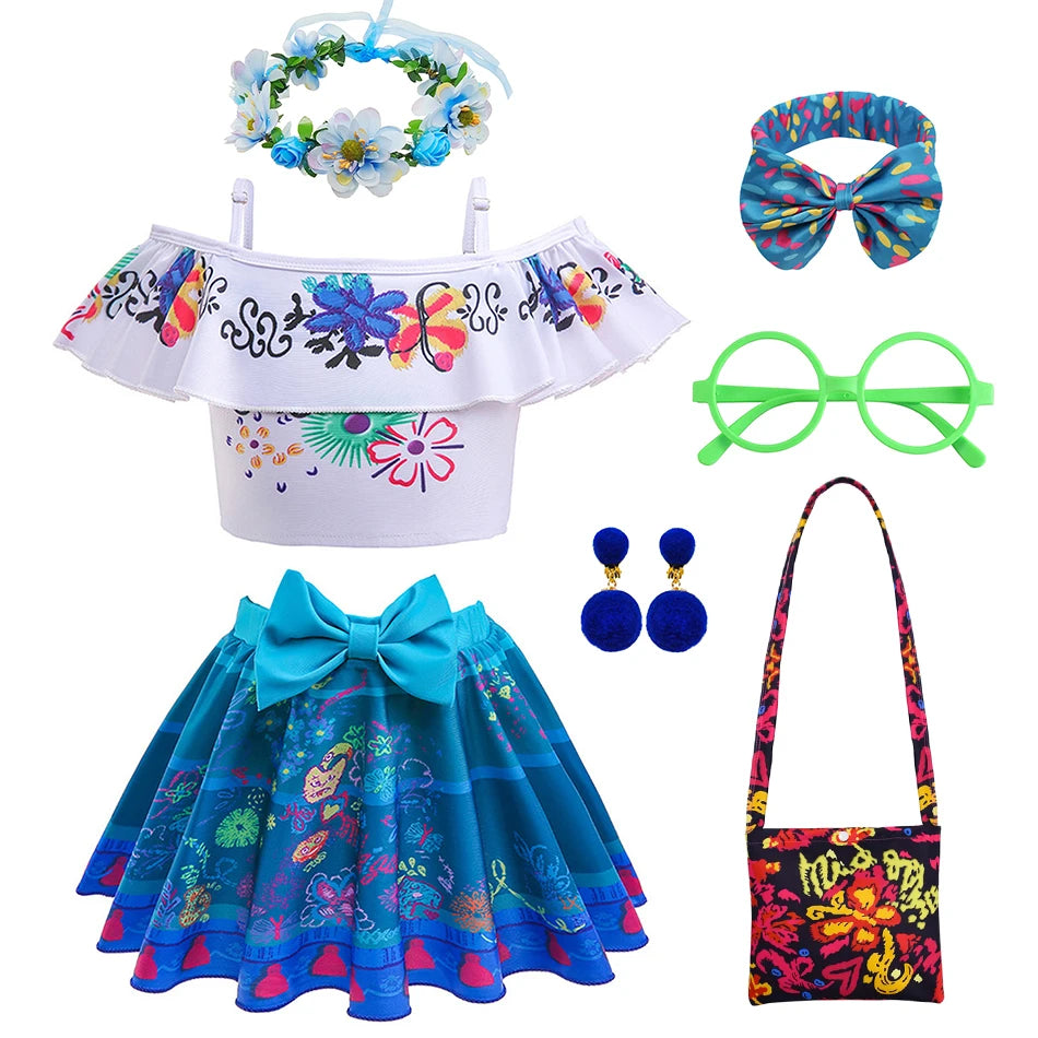 Encanto Cosplay Mirabel Isabela 2Pcs Tops Skirt Set Girls Dolores Luisa Pepa Bikini Swimwear Children Print Beachwear Costumes