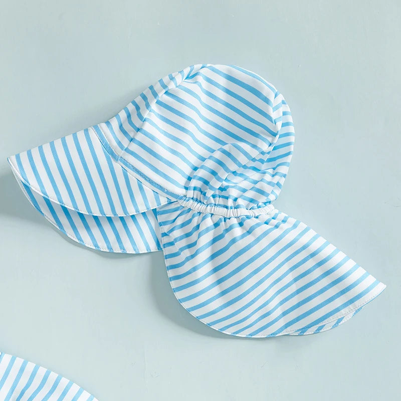 0-3T Toddler Boys Girls Rash Guard Swimsuit with Hat 2 Pcs Set Striped Pattern Zip Up Long Sleeve Crew Neck Baby Swimwears