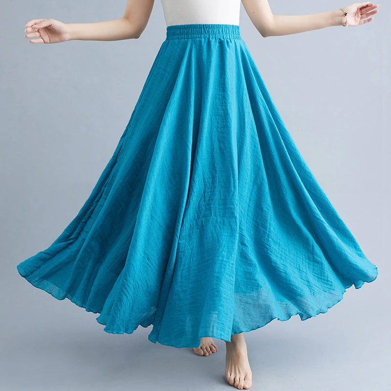 Boho Cotton Linen Beach Long Skirt Women Vintage Casual Solid A-line High Waist Dance Floor-Length Maxi Skirt Spring Summer New