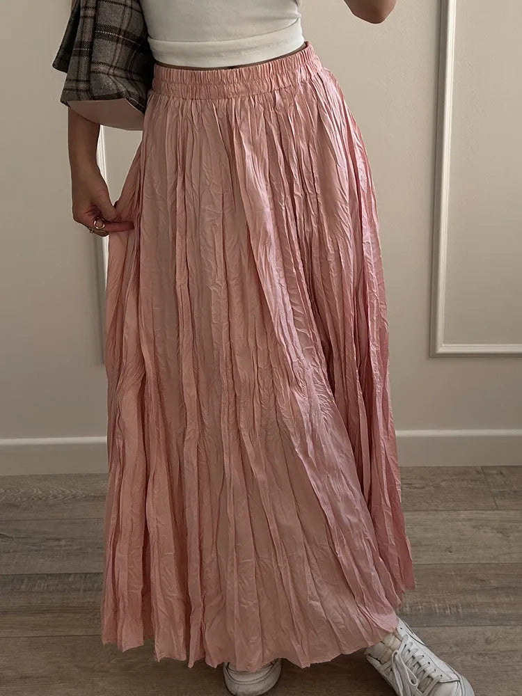 Streamgirl Women Summer Skirts Long Pleated A Line Elegant Solid Big Swing Maxi Skirt Ladies Blue White Beach Skirt Women Luxury