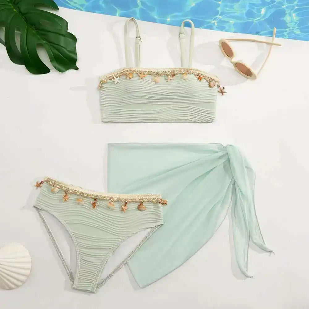 2026 Strappy Girls Swimsuit 3 Pieces Bikini & Skirt Bandeau Kids Swimwear Female Children's Bathers Bathing Swimming Swim Suit