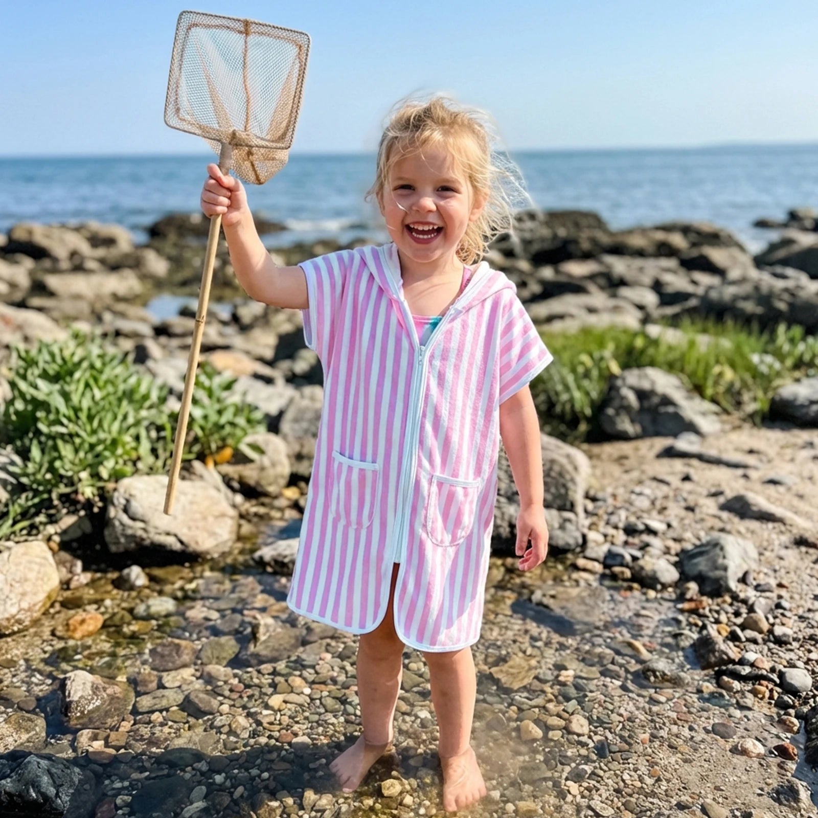 1-6Y Kids Swimwear Cover-ups Striped Zip Up Short Sleeve Hooded Robe Shawl for Beach Pool for Boys Girls Swimsuits