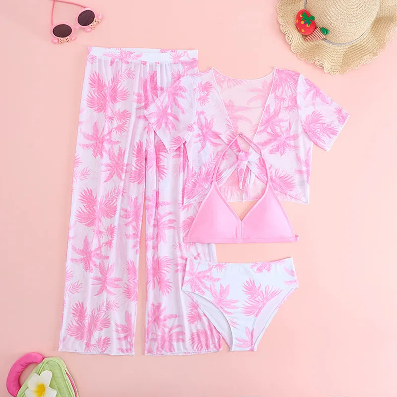 Girls 4pack Palm Tree Print Bikini Sets with Pants+Short Sleeve Crop Top Kids Swimsuit 7-12 Years Children Swimwear Bathing Suit