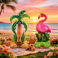 2Pcs Large Flamingo and Coconut Tree Foil Balloon Set, Tropical Style Design, Suitable for Hawaiian Themed Parties, Pool Parties, Tropical Birthday Celebrations, Wedding Background Decorations, Outdoor Barbecue Parties, Indoo