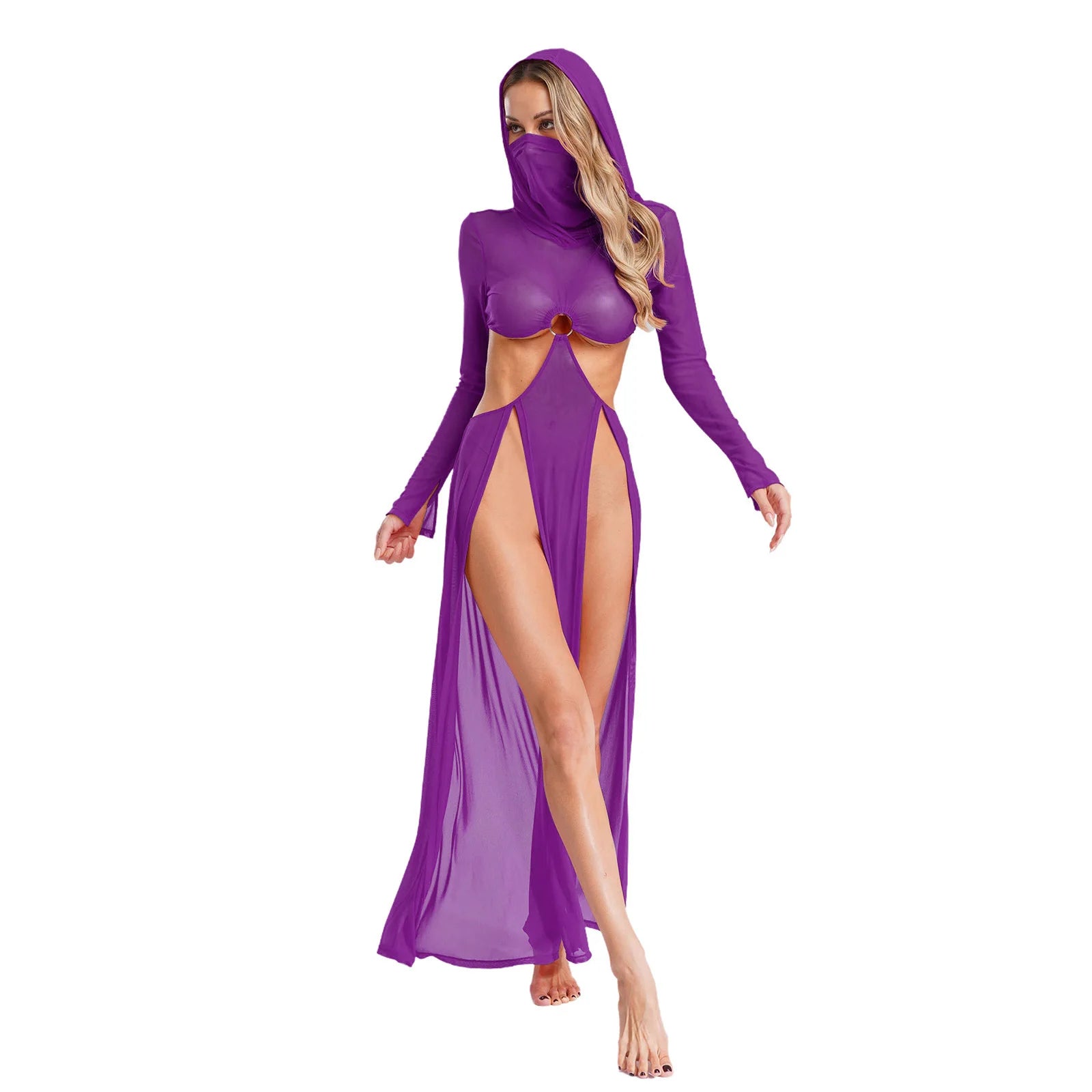 Women Sheer Dress with Hooded Face Mask Maxi High Slit Sexy Mesh Dress Long Sleeves Hollow Out Sheer Dress Cover Up Swimwear