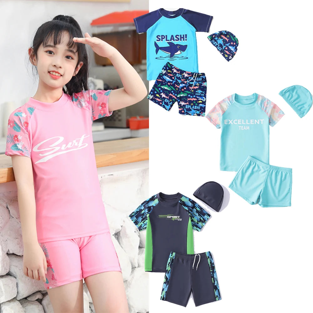 Kids Boy Swimsuit Summer Children Board Shorts Sets Boys Split Short Sleeve Quick Drying Boys Swimwear Beach Surfing Swimsuits