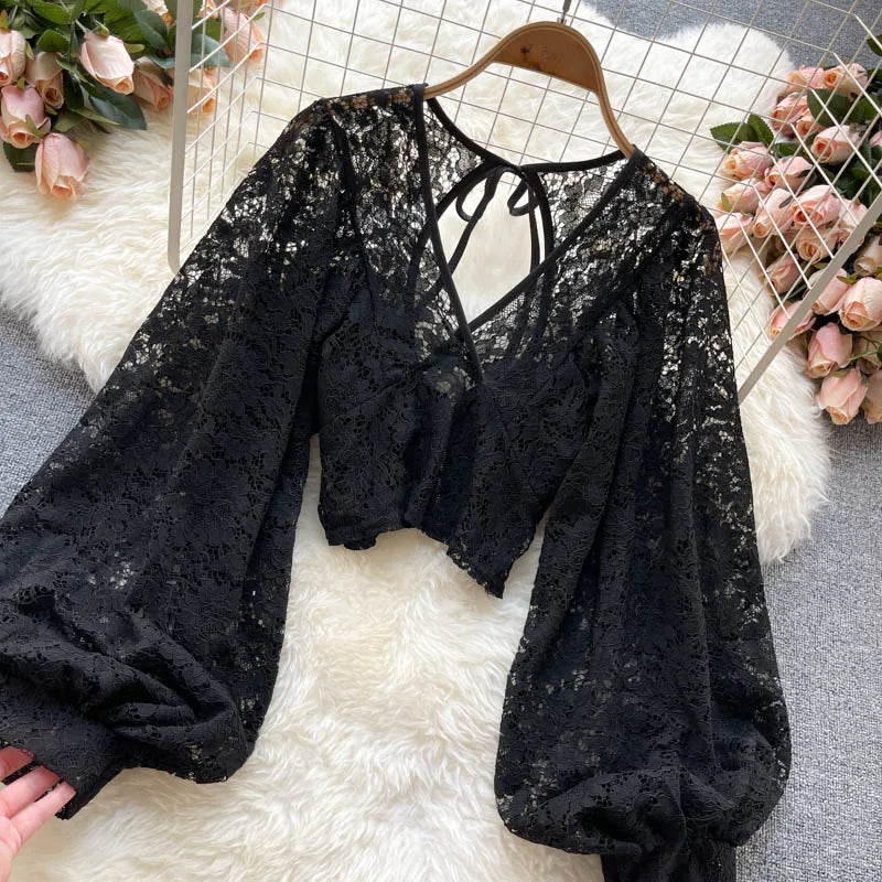Frenchic Sexy Blusas Mujer Crochet Lace Sheer Women Tops V-neck Lantern Sleeve Backless Lace-up Ladies Elegant Blouse