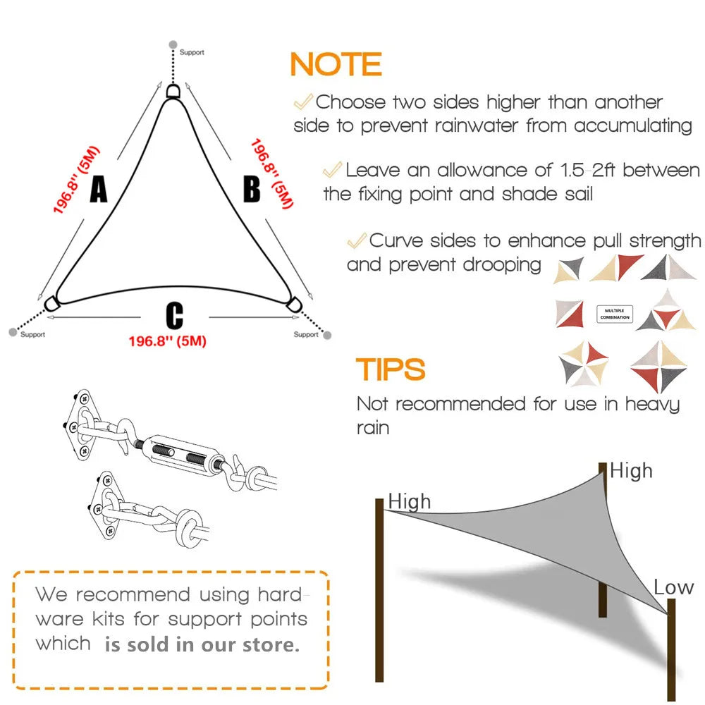 2x2x2m/3x3x3m Triangle Sun Shade Sail Pool Patio Deck Canopy Awning for Outdoor Backyard Garden Camping UV Block Sunshade Cloth