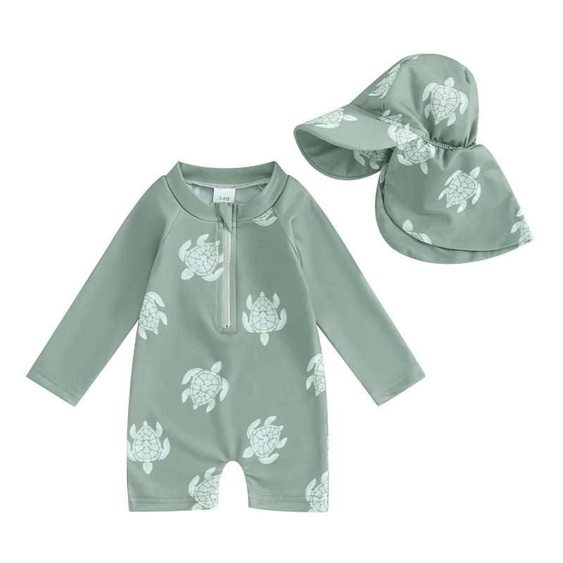 Tregren 0-3Y Toddler Girls Rash Guard Swimsuit with Swim Cap Long Sleeve Floral/Tropical Tree Print Zip Up Swimwear Bathing Suit