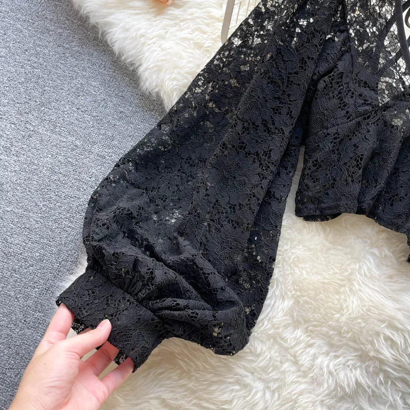 Frenchic Sexy Blusas Mujer Crochet Lace Sheer Women Tops V-neck Lantern Sleeve Backless Lace-up Ladies Elegant Blouse