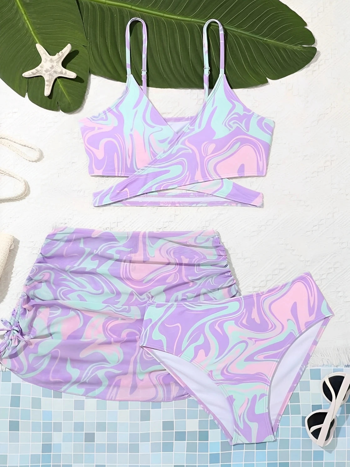 3 Pieces Tie Dye Print Bikini 2026 Girls Swimsuit with Skirt Kids Swimwear Female Bathers Bathing Swimming Swim Suit Beachwear