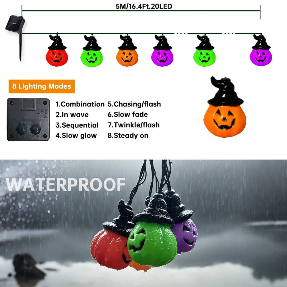 Upgraded Solar Halloween Lights Outdoor Pumpkin String Lights Waterproof Halloween Lights for Garden Patio Landscape Multicolor