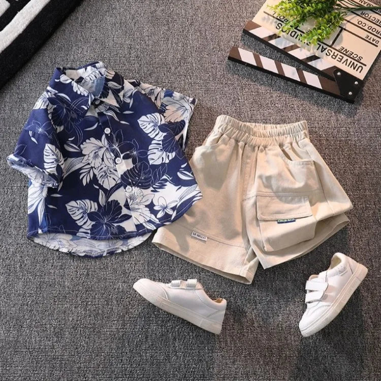 Retro Floral Print Boy's Short Sleeve Shirt Kids Summer Clothing Trendy Stylish Beach Vacation Top for Children Ages 3-10