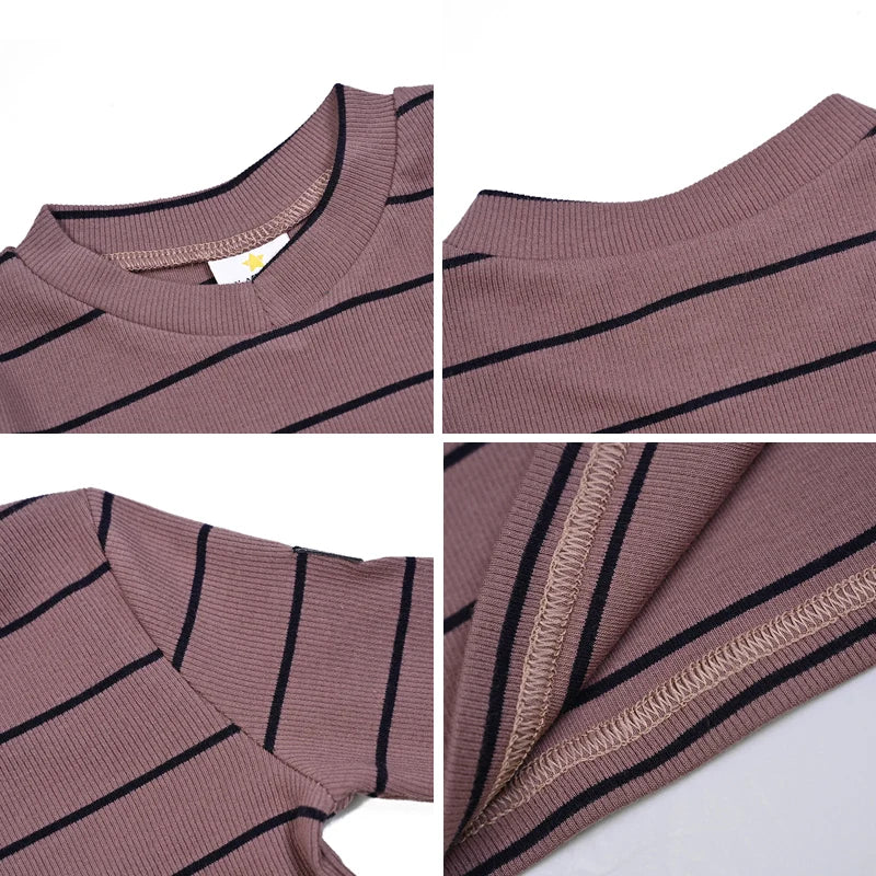 AA-Velour and Striped Layered Set Kids Clothes Sibling Matching Girl Dress Boys Top Baby Romper V Neck Children Family Matching