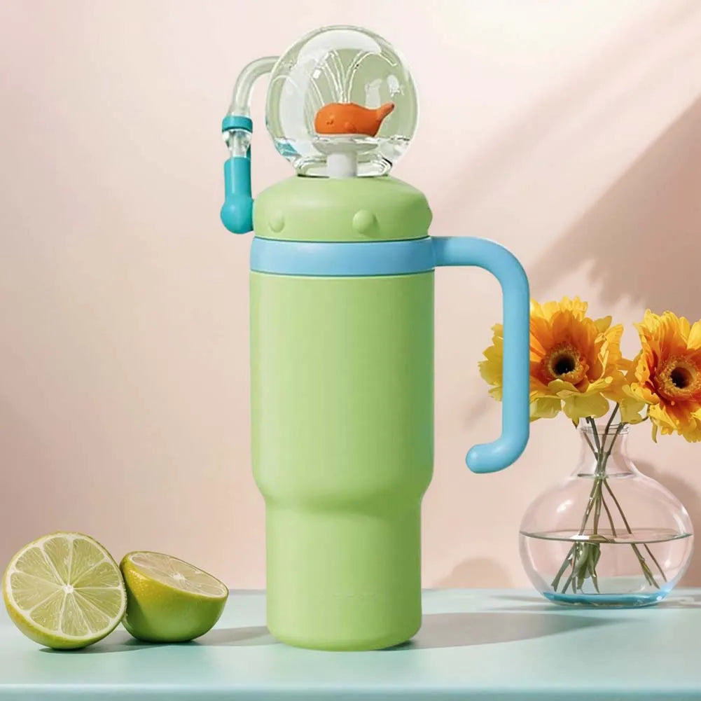 710ML Stainless Steel Whale Fountain Tumbler with Handle Leak Proof Whale Squirt Drinking Cup Water Bottle with Straw Creative G