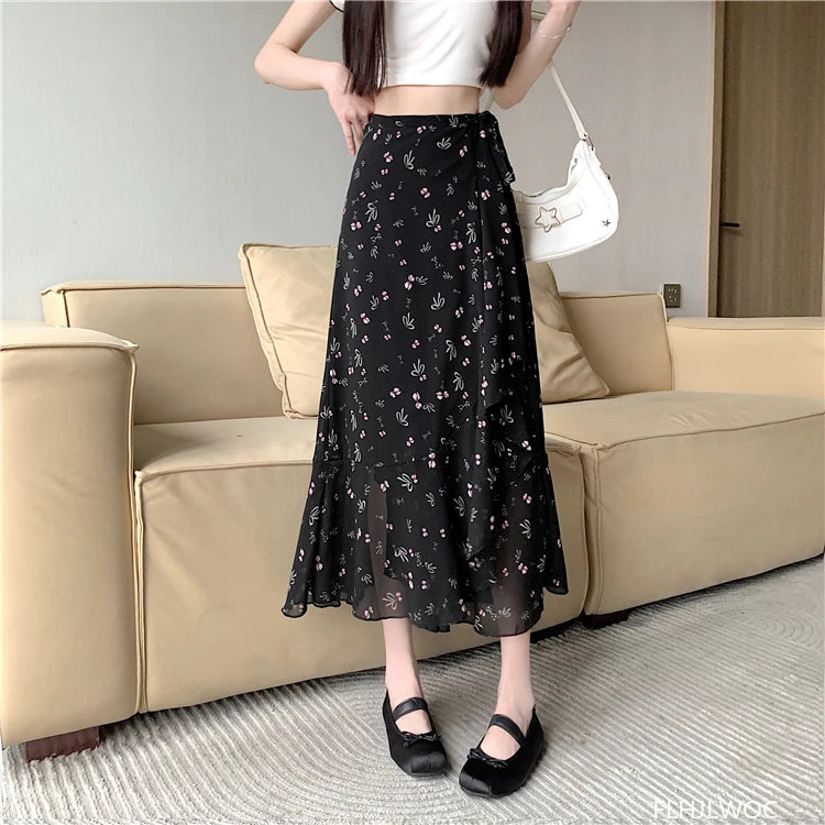 Wrap Up Chic Korea Clothes Women Cute Girls Floral Robe Holiday Beach Date High Waist Retro Vintage One-Piece Lace-Up Skirts