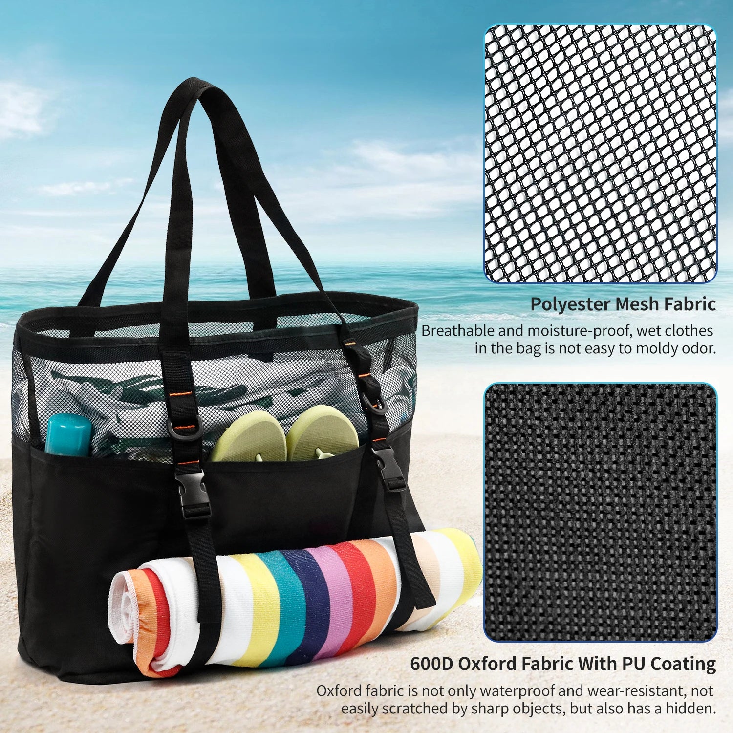 Extra Large Mesh Beach Bag with Zipper Bottom, Oversized Beach Tote Bag for Beach or Pool Trip