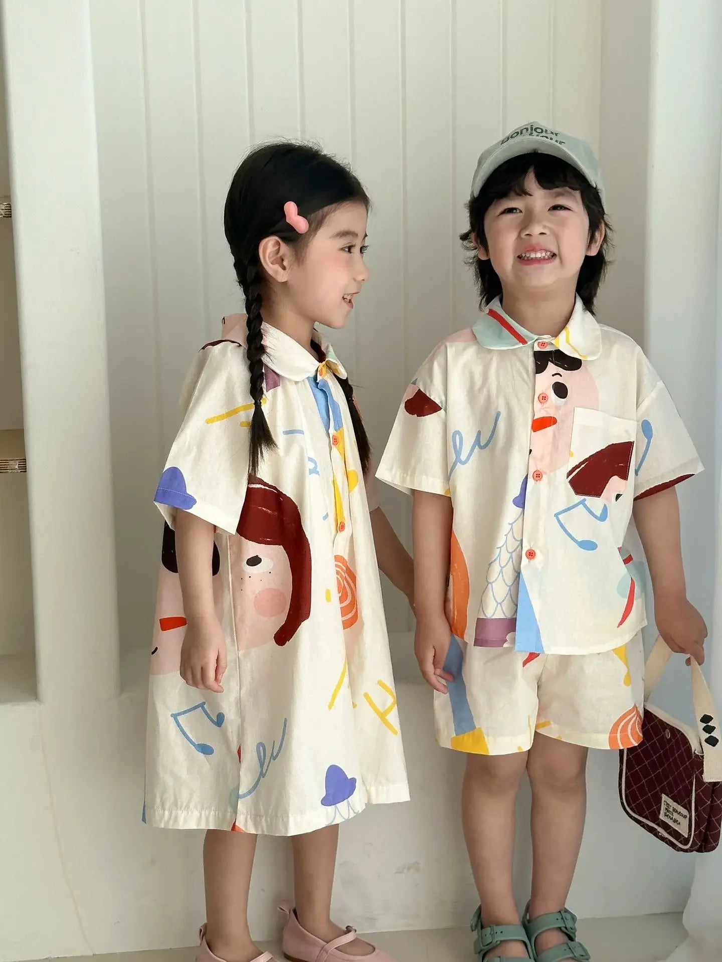 Kids Set Brother And Sister Clothes 2025 Summer New Boy's Two Piece Suit Or Short Sleeve Girl's Graffiti Dress Cartoon Clothes